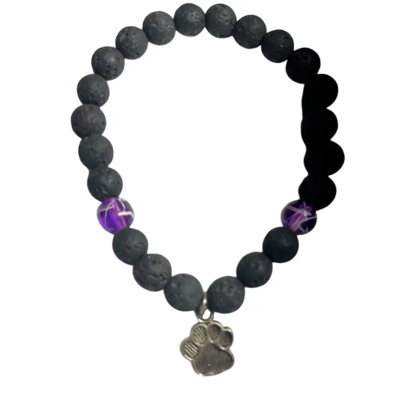 Stretchy Bracelet With paw print Charm lava beads and purple/white swirl beads