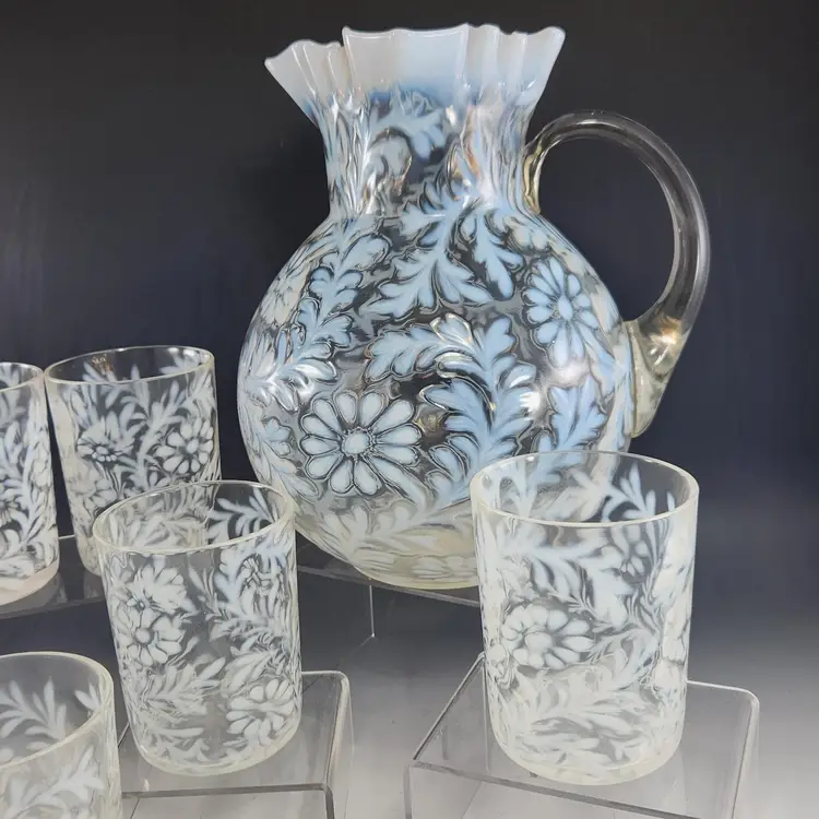 EAPG Northwood Glass Pitcher & Six Tumblers Daisy & Fern White Opalescent Lemonade Set - - USA
