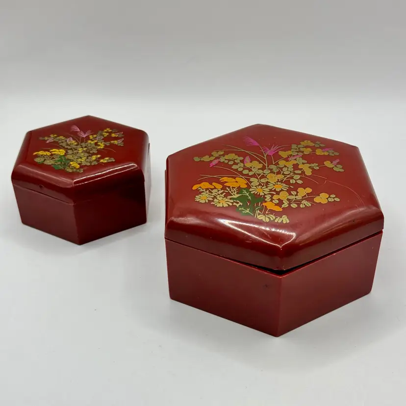 Vintage 1960’s Hexagon Red Plastic Nesting Trinket Jewelry Boxes With Hand-Painted Floral Design, Set of 5 With Lids, Asian Inspired Collectible Decor, By All Purpose, Made In Hong Kong, MPN 721