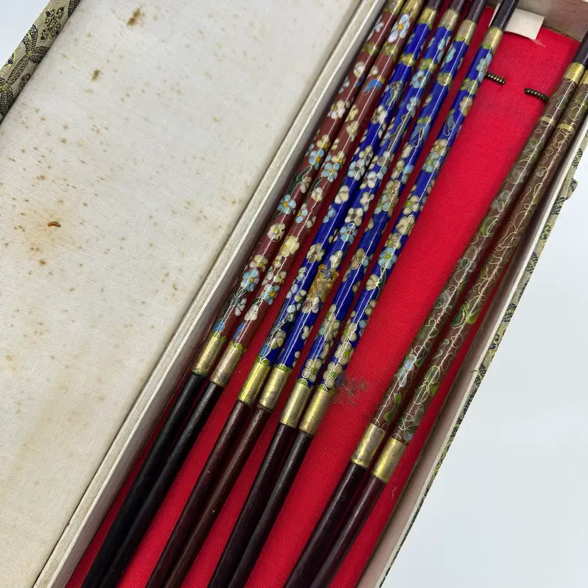 Vintage 1960s Asian Cloisonné Chopsticks Floral 4-Pairs In Box