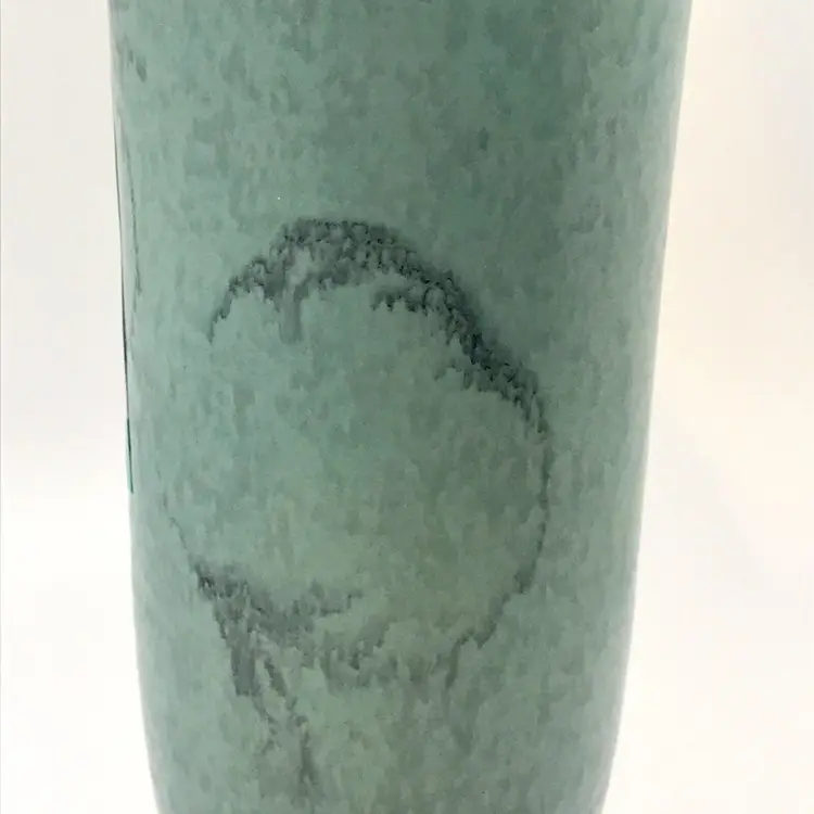 West German Turquoise Pottery Fluted Vase with Filigree Design 8"