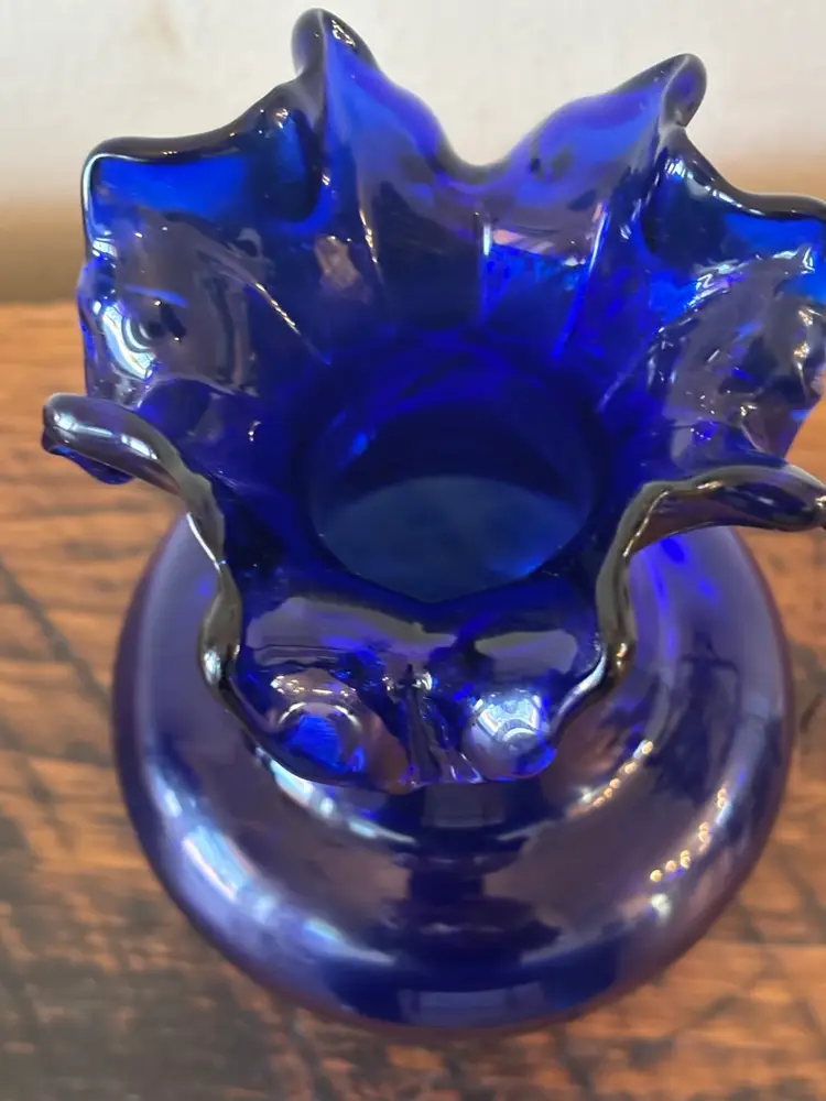 Vintage Cobalt Blue Hand Blown Glass Vase Ruffled Edge MCM
