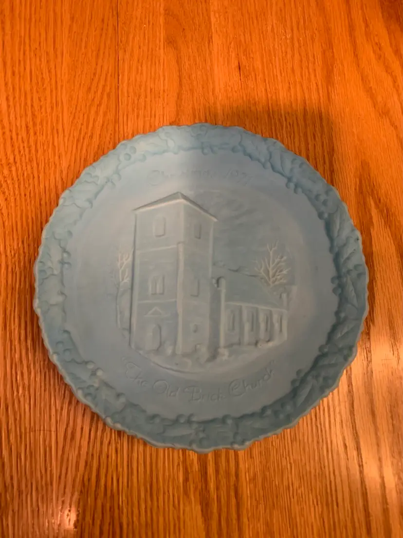 Fenton Blue Satin Glass Plate The Old Brick Church 1971 8 Inches