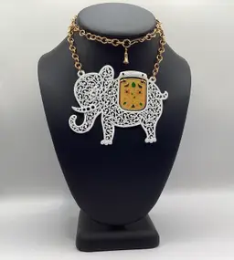 #05 My 1st Show 22” Gold Tone Chain With White Articulated Filigree Elephant With Blanket