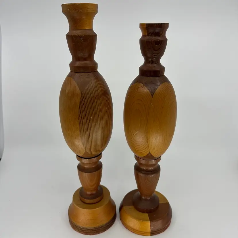 MCM Vintage Turned Wood Parquetry Candleholders Set/2