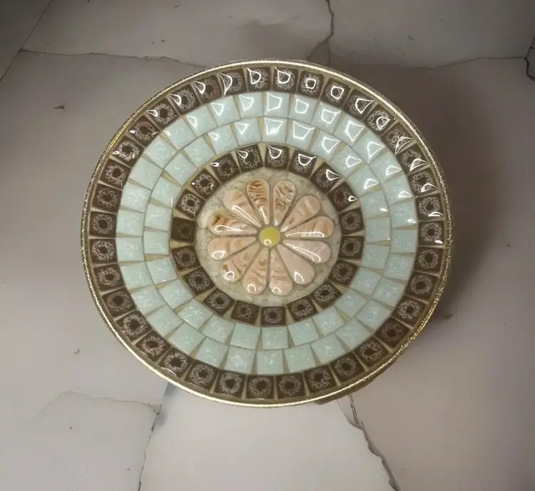 Tile Bowl Post Modern Decor Blue White Tans Stone Shell Pattern MCM Vintage