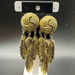 Gold Statement, Earrings, Dangle, Clip On 3 3/4” Long