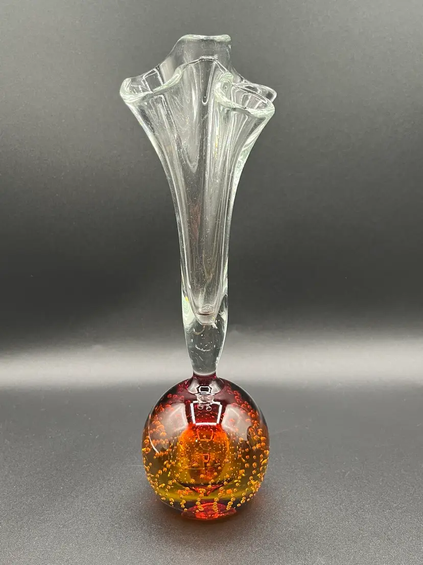 Glowy Carl Erickson Amberina Blown Glass Controlled Bubble Paperweight Vase 11”