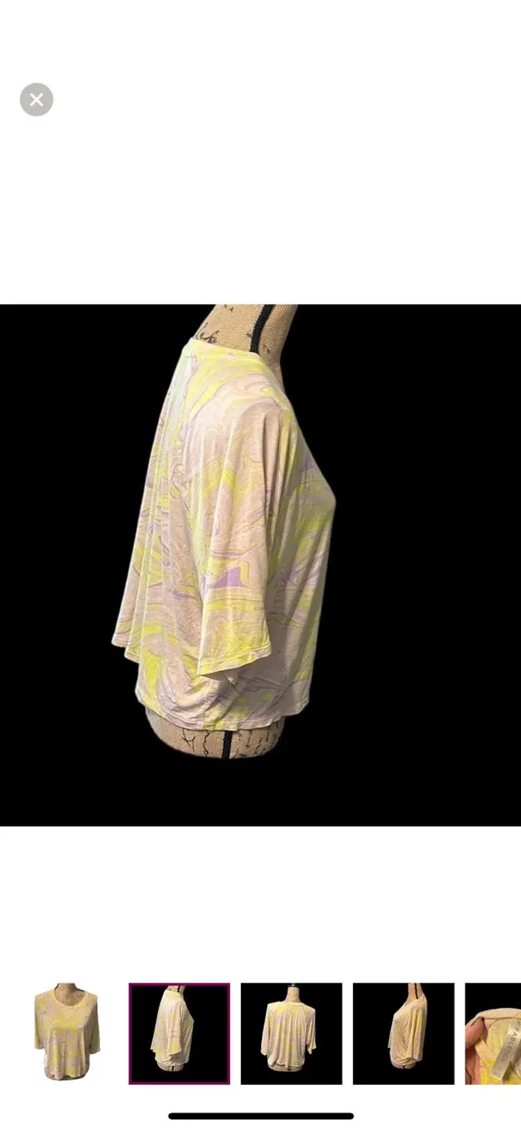 Fabletics flourescent yellow and purple swirls on a cream tee. NWOT.