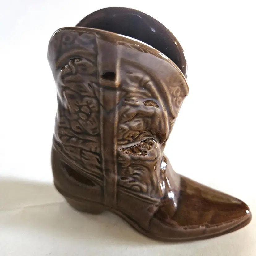 #01 - 1950's Frankoma Pottery Brown Cowboy Boot Planter, 4.5" tall x 5" wide x 2" wide