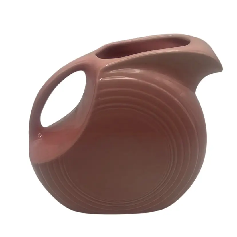 Vintage Fiesta Ware Dusty Rose Pink Large Disc Pitcher with Handle, 7” Tall x 7-1/2” Wide