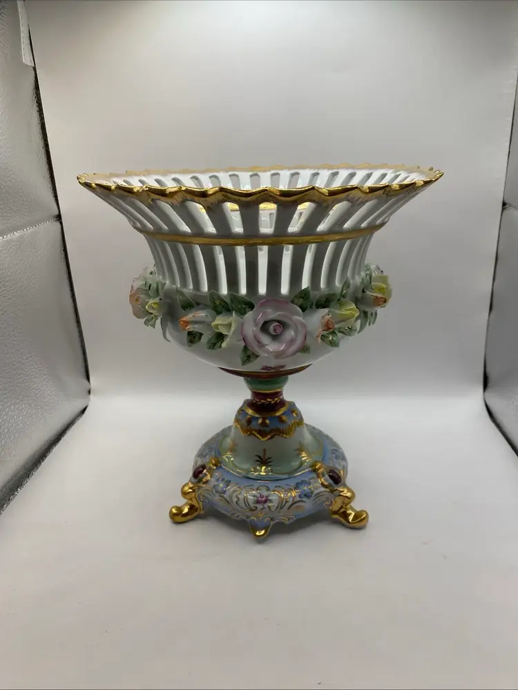 Porcelain Vase Capodimonte Style Flowers Gold  Limoges Compote Centerpiece Gift