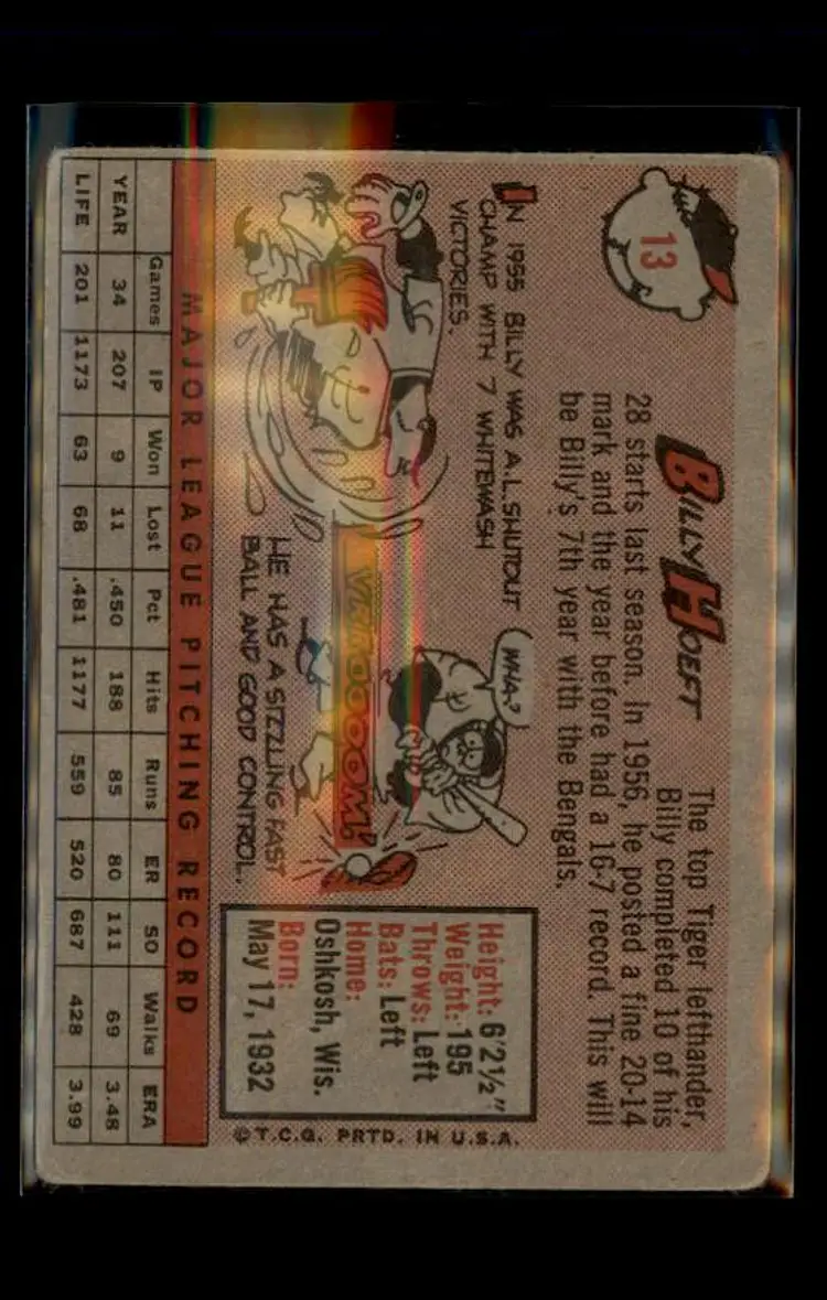 1958 Topps #13b Billy Hoeft - (pk4) - Detroit Tigers