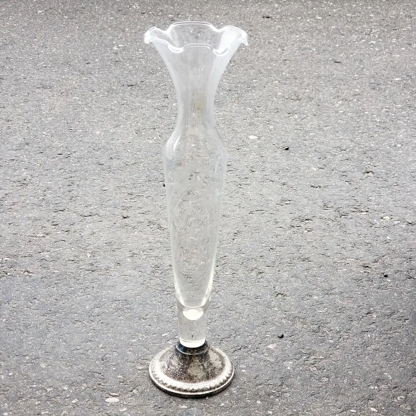 Art Glass Vase Duchin Creation Ruffled Top Etched Floral Sterling Base 10" tall