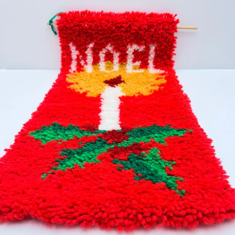 Long Noel Vintage Red, Green, and White Latch Hook Wall Hanging