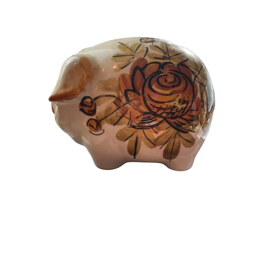 Vintage Coin Slot PIGGY BANK by Davar Originals, Japan; White Ceramic, Brown Flowers, Leaves, Ears, Nose, Closed Eyes; Rubber Stopper