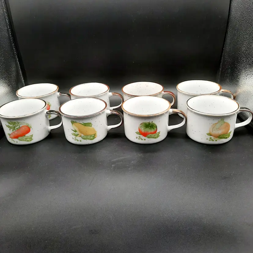 Vintage Speckled Stoneware Vegetable Soup Mugs Corn Carrot Tomato Onion Set Of 8