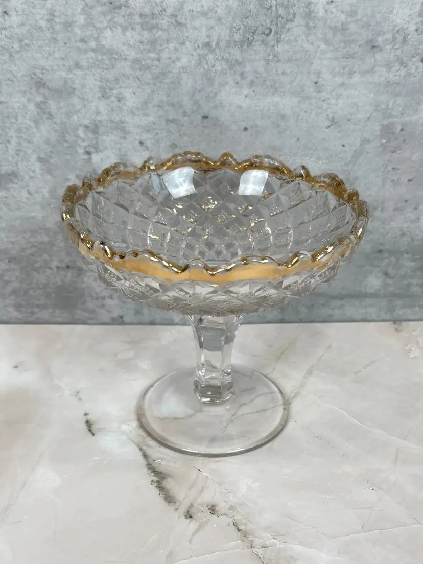Vintage Candy Dish - Mid Century Pressed Glass Compote with Diamond Pattern & Gold Rim - Footed Pedestal Dessert Bowl - Retro Tableware