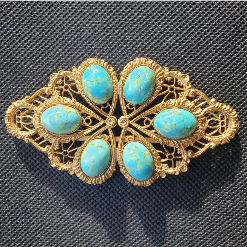 Hubbell Stone Cabachons Czech Glass Pin / Brooch 1920s-1940s