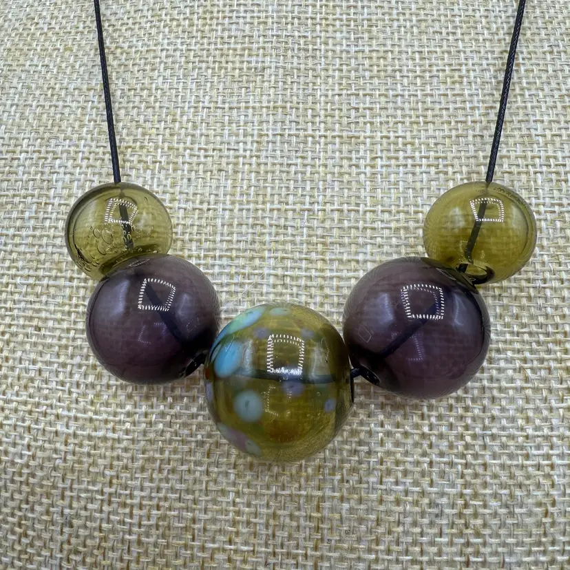 Blown Glass Bubble Beads Adjustable Cord Necklace Extends To 24”