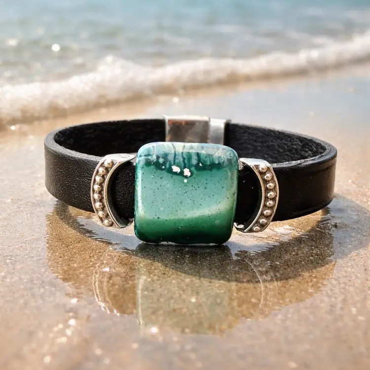 Beach Blue Ceramic Bead Leather And Silver Bracelet