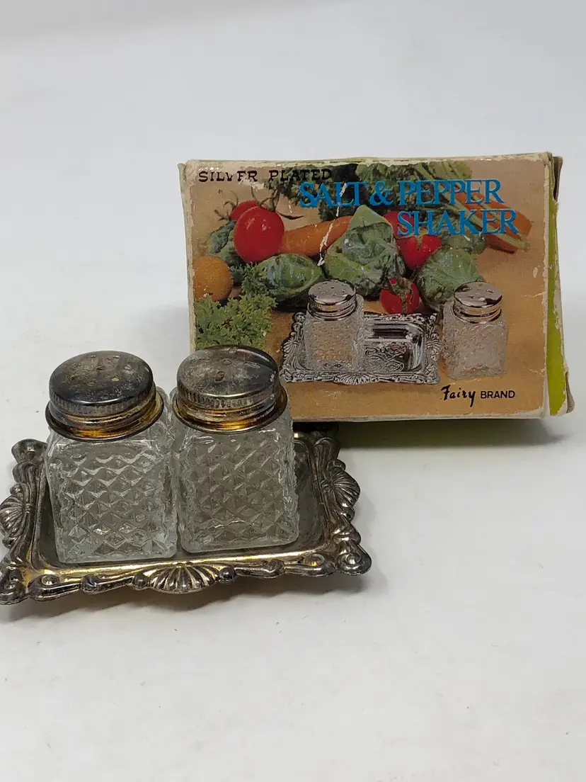 Fairy Brand Miniature Salt and Pepper Shaker Set with Silver Plated Tray