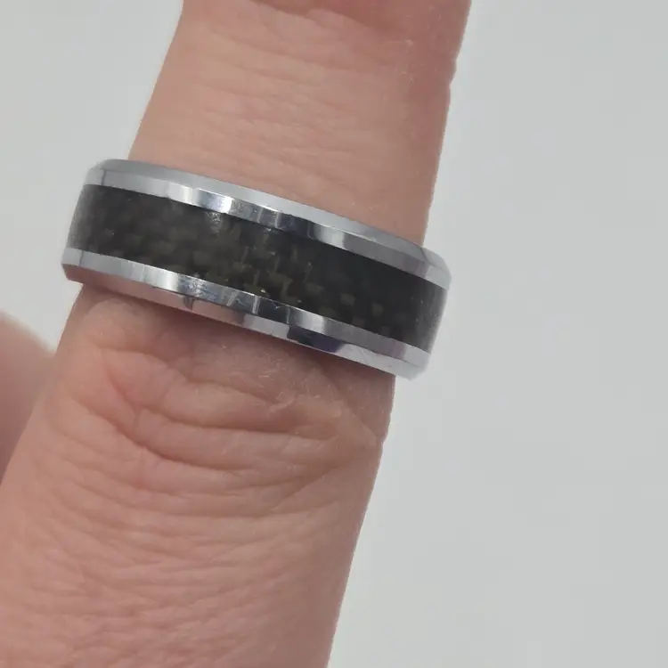 Stuller Men's Wedding Band White Tungsten Carbide Carbon Fiber Inlay Size 10