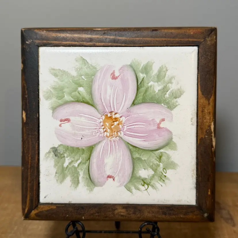 Hand Painted Pink Dogwood Floral Ceramic Tile in Rustic Wood Frame