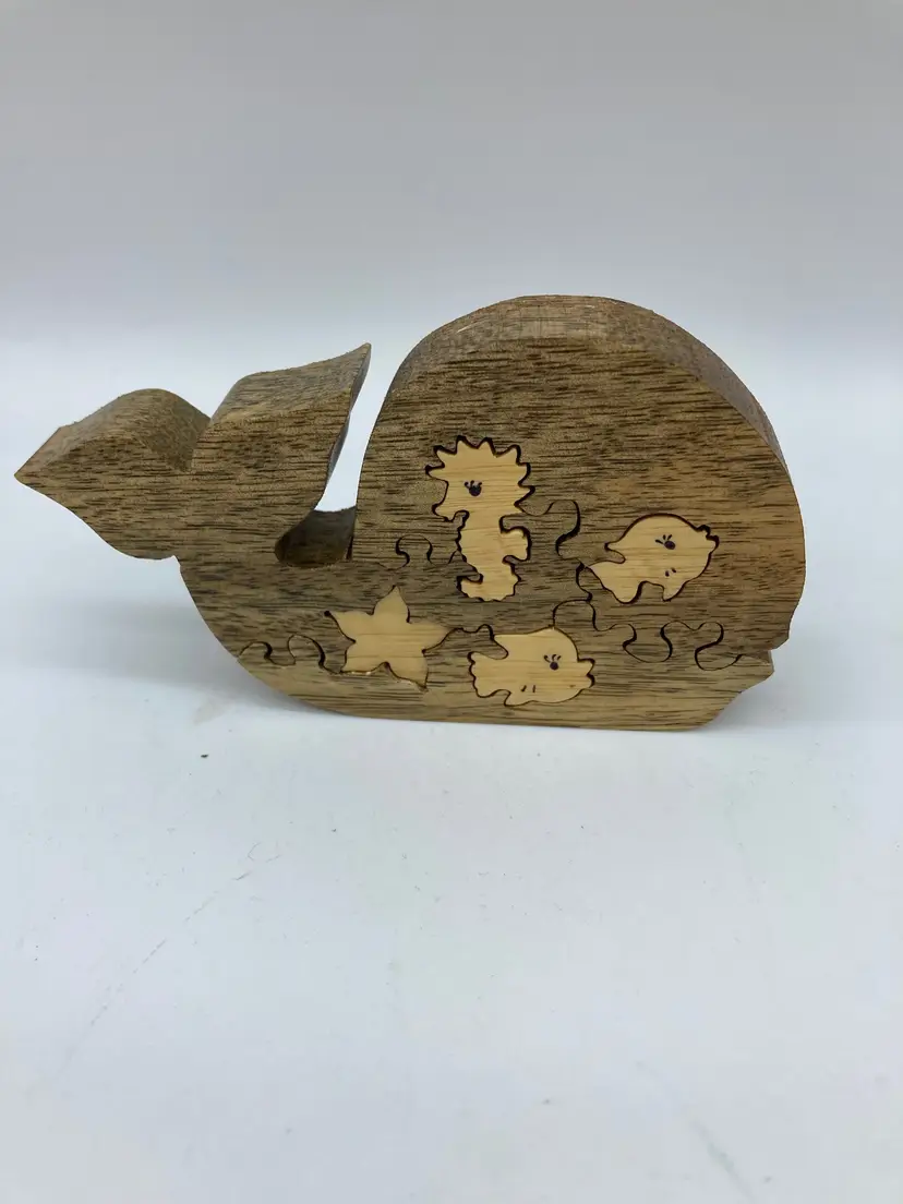 Small Wooden Whale Puzzle with Fish and Seahorse Pieces
