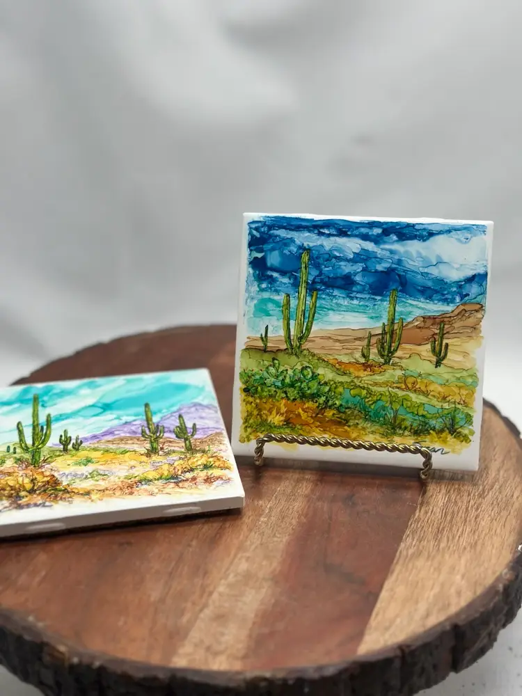Original Paintings Signed On Tiles Susan Wakefield Desert Southwest Wildflowers 2 Landscape