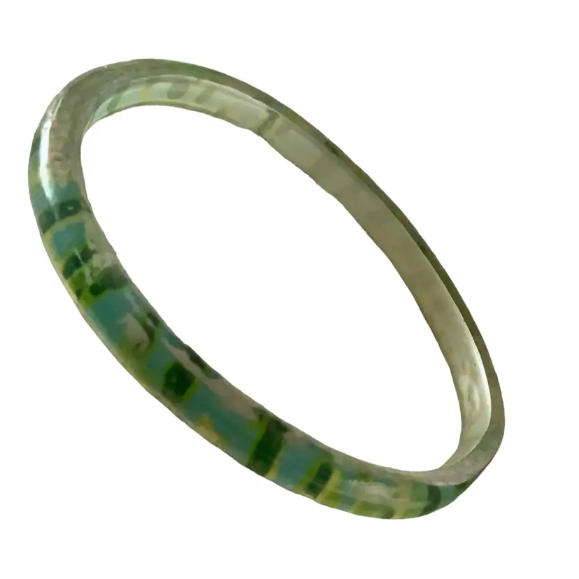 Vintage Jelly Look Acrylic Bracelet Bangle With A Glossy Pastel Blue With Green Stripe Finish Semi-translucent 