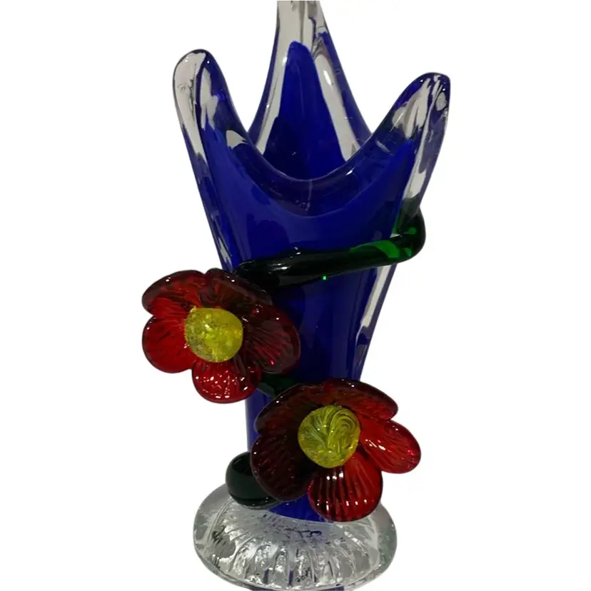 Vintage 8” Tall Cobalt Blue Sommerso Vase With Applied Red And Yellow Flowers