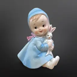 Vintage Lefton Baby Figurine Cute Spring Girl Bunny KW3120 Bisque Porcelain