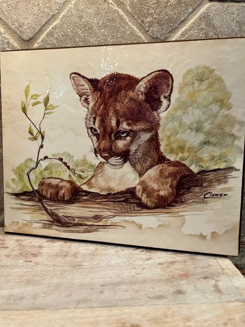 Artwork Artist Signed, Lithograph Wall Hanging of Cat Puma Cub & Ladybugs 🐞 On Wood Approximately 9.75 Inches Long
