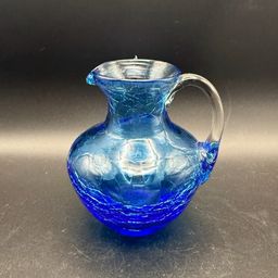 Vintage Pilgrim Glass Blue Crackle Glass Pitcher With Clear Handle