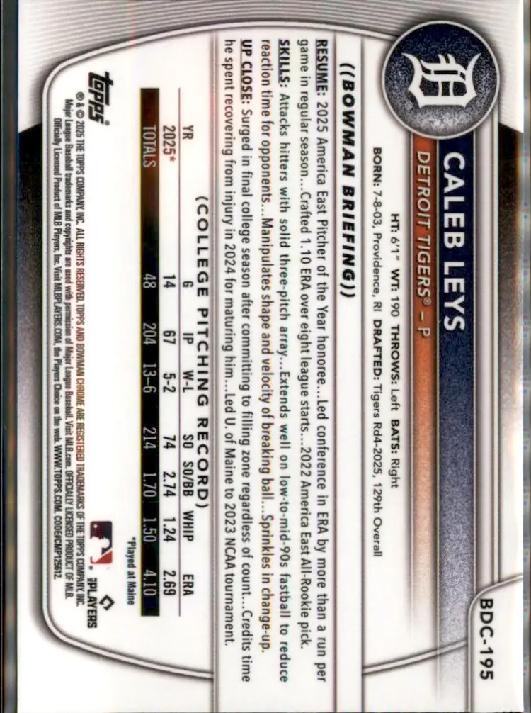2025 Bowman Draft #BDC-195 Caleb Leys Chrome - (138) - Detroit Tigers