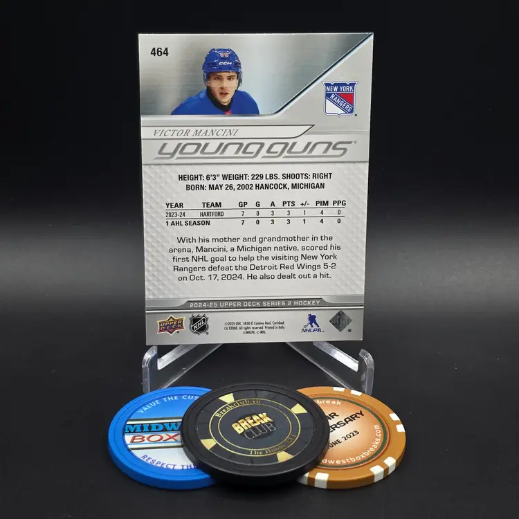 Victor Mancini Rookie YG 2024-25 Upper Deck Series 2 Hockey Young Guns Exclusives Parallel Numbered 83/100 Card #464 - New York Rangers