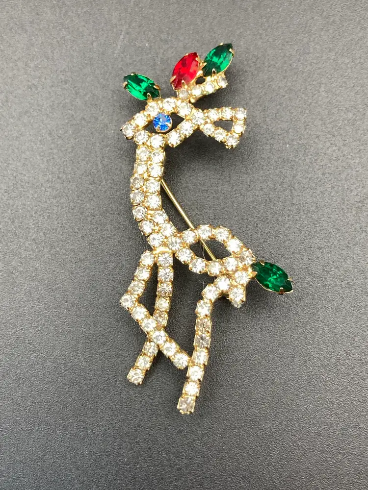 Christmas Gift Drop Off Vignette! Vintage Rhinestone Gold Tone Reindeer Brooch (2 1/2” Tall 1 1/4” Wide) Vintage 1986 Hallmark Cards Santa Ornament (4 1/2” Tall 2” Wide) 2 Teddy Bear Ornaments (1 1/2” x 2 1/2”)