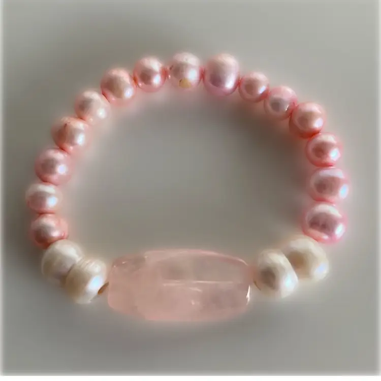 Pink And White Baroque Pearl Bracelet with Rose Quartz Statement Bead