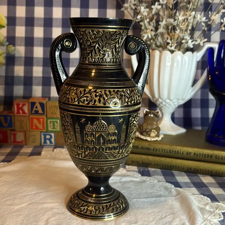 Etched Brass Double-Handled Vase