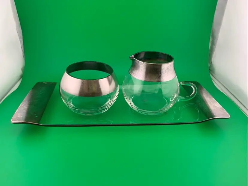 MCM Dorothy Thorpe Style Creamer Sugar And Tray Silver Rim Roly Poly