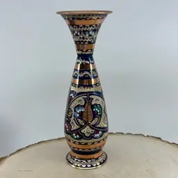 Vintage Gulistan Turkey Copper Blue Enamel Floral Motif Flower Vase 7”
