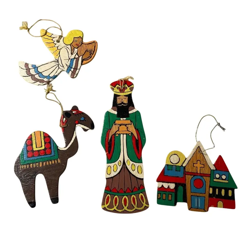 Wooden Painted Christmas Ornaments, Camel, Angel, Church, Wise Men (1 Wise Man) Vintage Set of 4