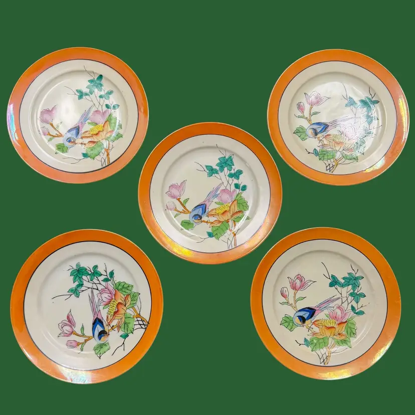 Set of 5 Vintage Chikaramachi Japanese Lusterware Plates, Hand Painted Bird Floral, Orange Luster Rim, Made in Japan, 7.5”