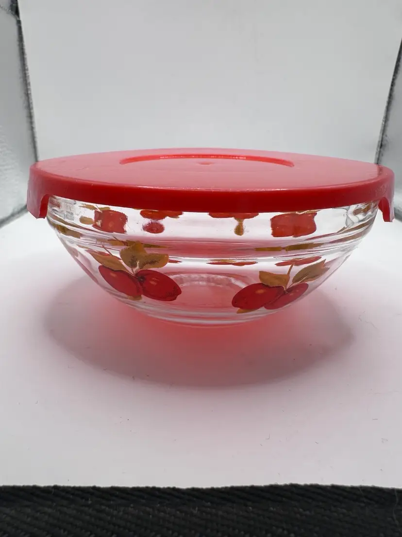 Vintage 1950’S Small Nesting Bowl With Apple Design And Red Snap Lid