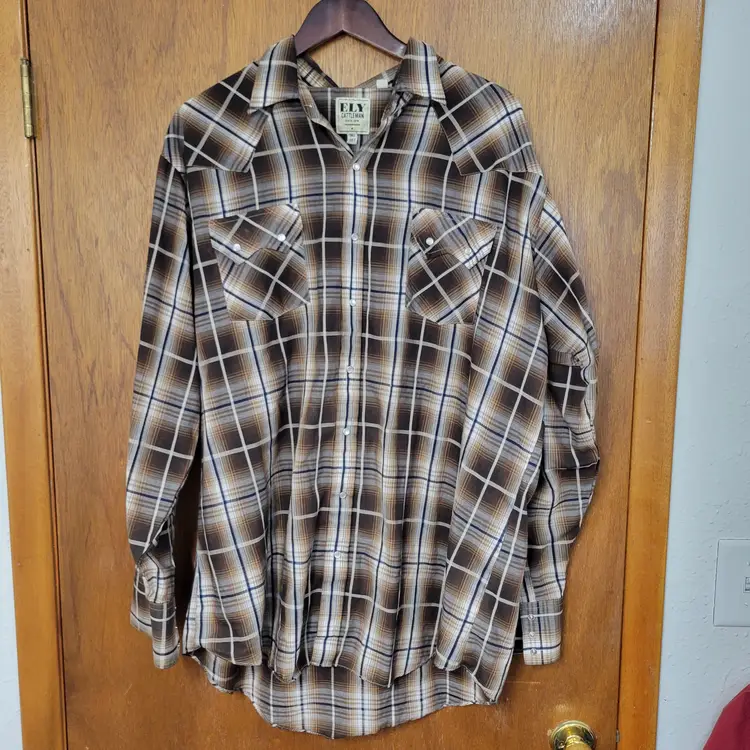 Ely Cattleman Shirt Mens XXLT Brown Plaid Western Pearl Snap Tall Cowboy Rodeo