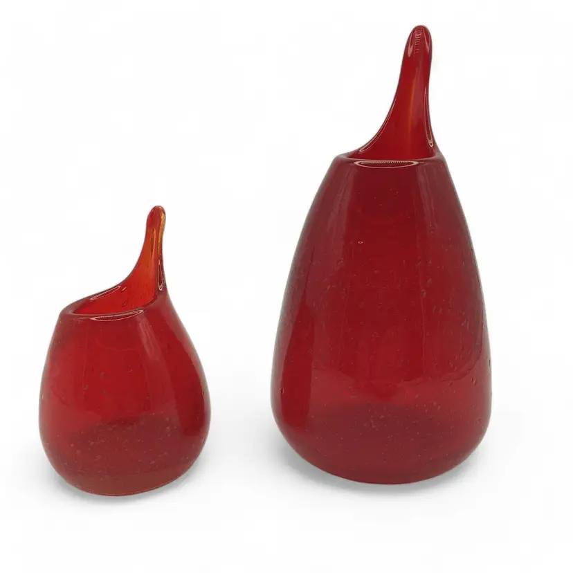 (2) Ruby Red Art Stretch Glass Hand Blown Decanters Vases w/Spouts Murano Style