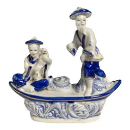 Vintage Oriental Style Blue & White Mid Century Ceramic Figurine