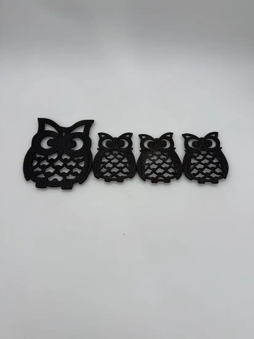 Vtg. OWL Cast Iron Footed Trivet Set Of 4 Black Kitchen Decor - Mid Century