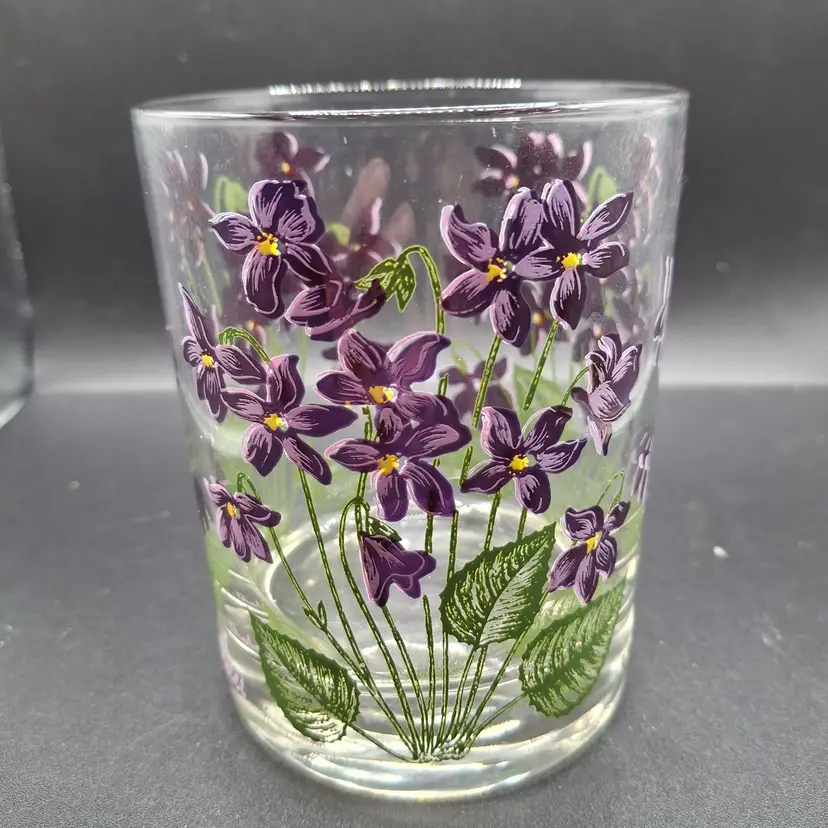 Set Of 2 Vintage Cera Glass Tumblers With Violet Flower Design Purple Green